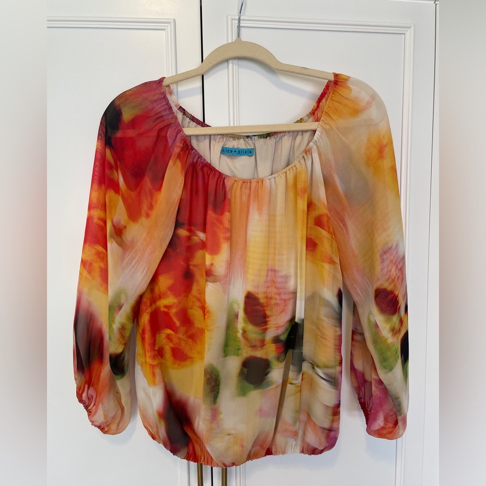 Alice + Olivia Blouse Abstract Flame Flower Print Balloon Sleeve S Small